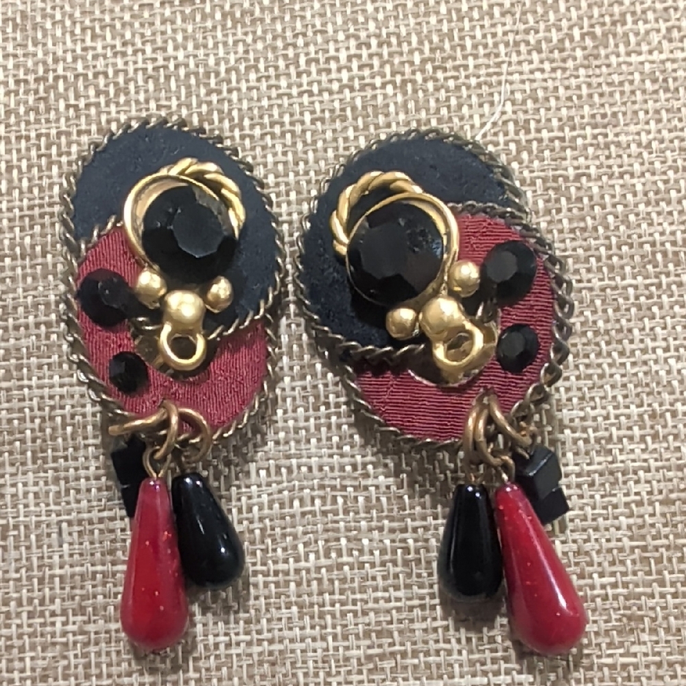 Vintage 80s SINS Signed Art to Wear Mixed Media Statement Dangle Clip-On Earring